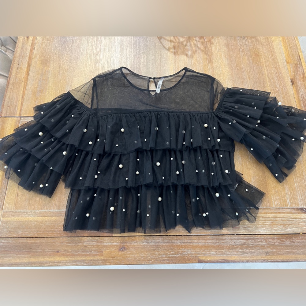 Black Sheer Ruffle Top with Pearl Accents